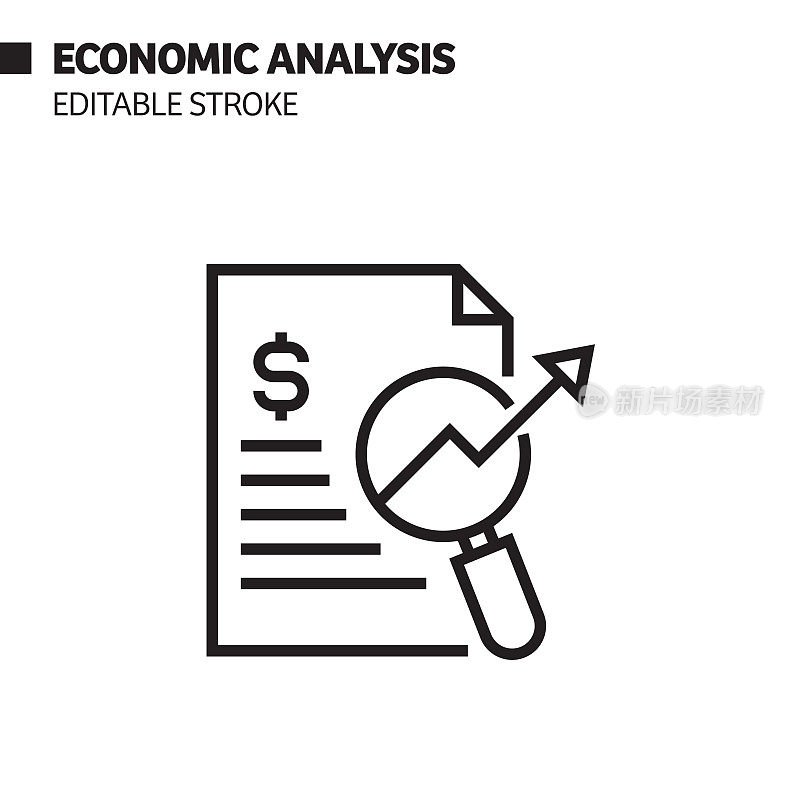 经济分析线图标，轮廓向量符号插图。完美像素，可编辑的描边。