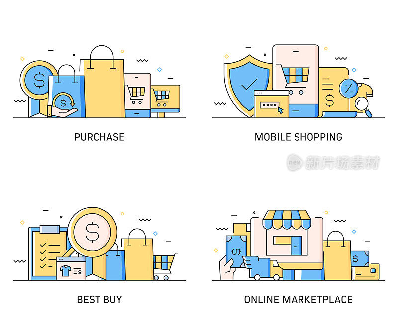 电子商务，网上购物，数字营销相关的现代线条风格插图
