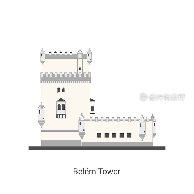 葡萄牙里斯本的贝伦塔。另一个名字是托雷·德·贝伦。世界各国城市度假旅游。平面卡通风格的地标旅游观光收藏。矢量图