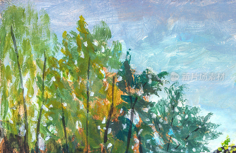 丙烯酸油画美丽的阳光树的顶部的背景，春天秋天的天空水彩画-阳光树