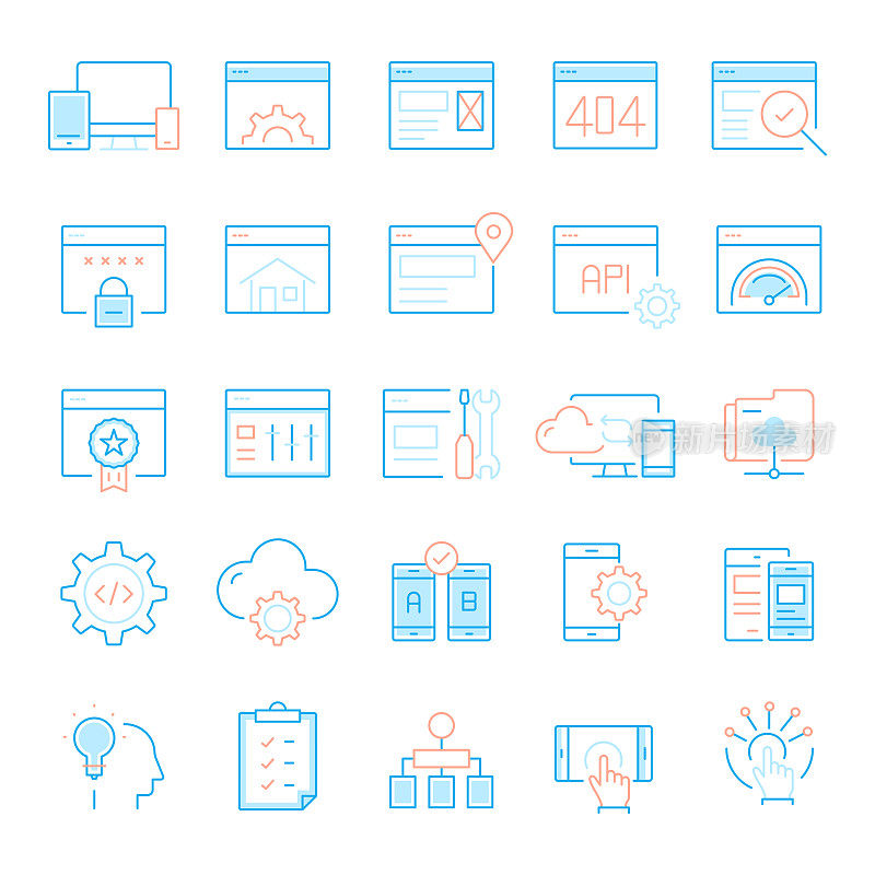 一套Web开发和移动技术相关的线图标。简单轮廓符号图标。