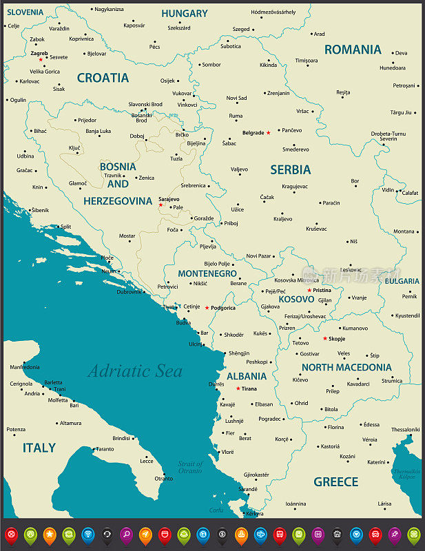 巴尔干中部地区地图。欧洲插图与希腊，北马其顿，意大利，罗马尼亚，黑山和克罗地亚的地理边界。文件包含导航图标