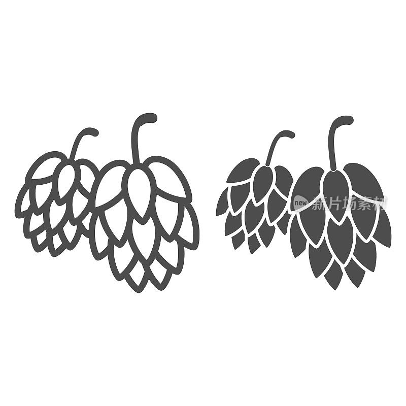 啤酒花线和固体图标，啤酒节概念，啤酒花啤酒标志的白色背景，在移动概念和网页设计的轮廓风格的啤酒花圆锥图标。矢量图形。