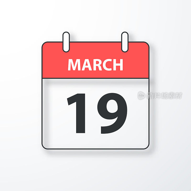 3月19日-每日日历-黑色轮廓与阴影在白色的背景