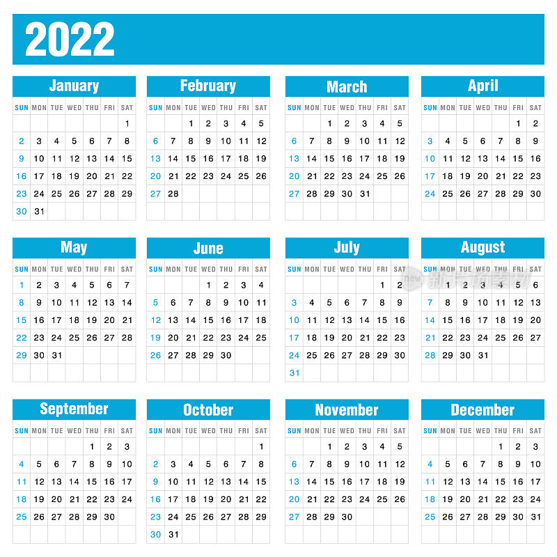 2022年白色底色蓝色日历