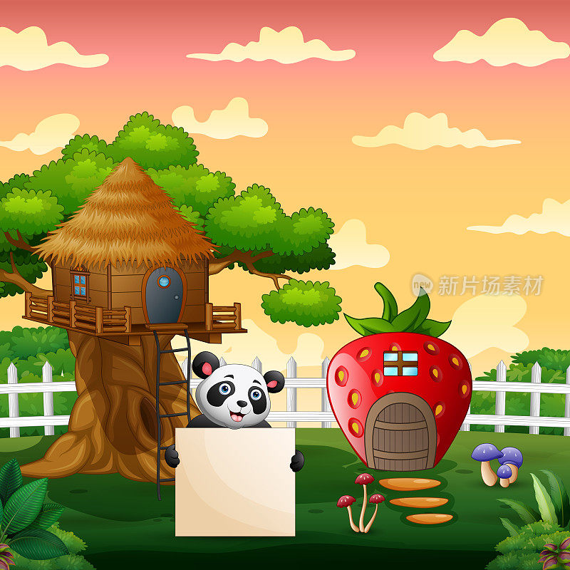 卡通熊猫在树屋和草莓屋中间举着空白标志