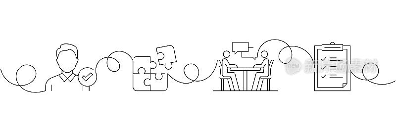 连续一行绘制业务咨询图标的概念。单线矢量插图。专业知识、解决方案、会议、评估。