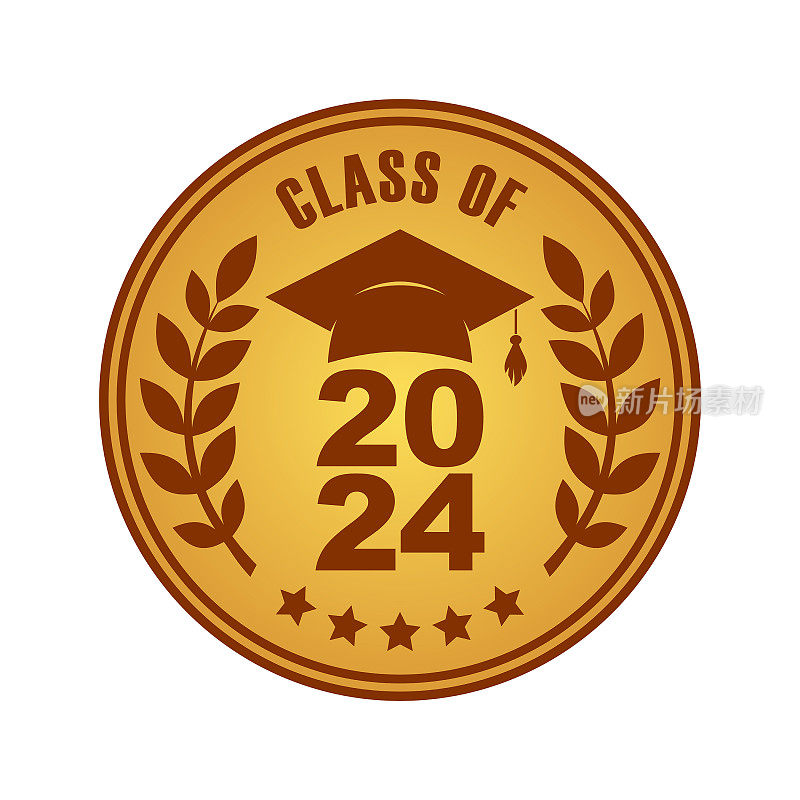 2024级毕业问候徽章，奖章，橡皮图章，印记，印章与学位板，月桂枝和星星-矢量徽章