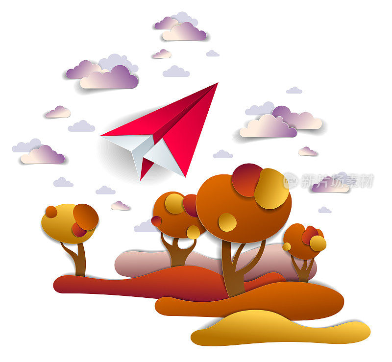 折纸飞机玩具飞行在秋天的天空上，红色和黄色的草地和树木，完美的矢量插画风景秋天的自然景观与玩具飞机起飞，航空公司的航空旅行主题。