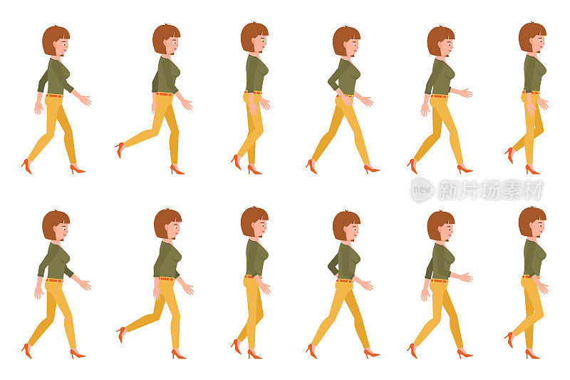 年轻的成年妇女在黄色裤子行走序列摆出矢量插图。前进的女孩卡通人物设置在白色的背景
