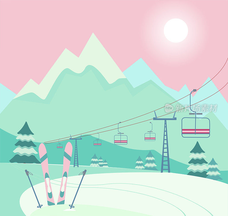 冬季雪景以滑雪器材滑雪板、滑雪杆、升降梯、步道、阿尔卑斯山、冷杉树为背景，天气晴朗，群山尽收眼底。滑雪胜地的季节已经开始了。冬季网页横幅设计。