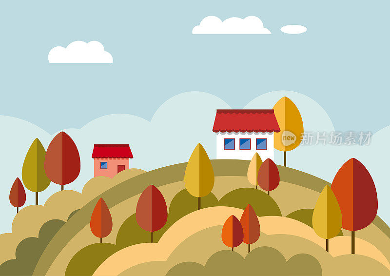 平秋自然景观插画。色彩斑斓的矢量有山、山、树、云、屋。叶橙
