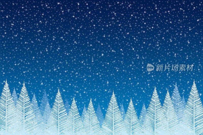 雪花飘落-宁静的圣诞景象与飘落的雪和冷杉树