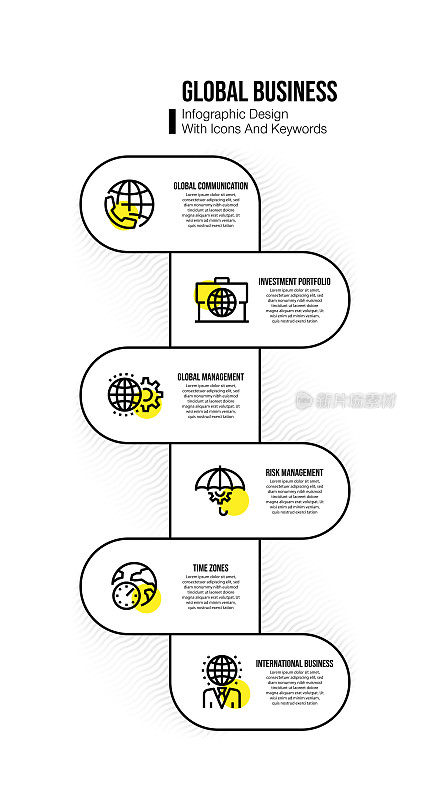 信息图设计模板与全球业务关键字和图标