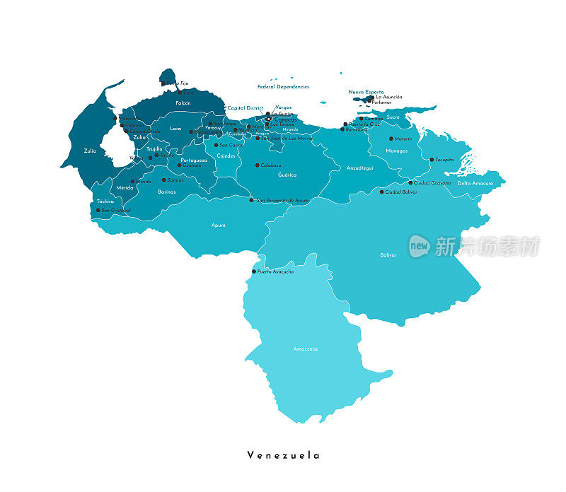 向量孤立的插图。简化行政地图的委内瑞拉。蓝色的形状，白色的背景和轮廓。委内瑞拉城市和州的名字。