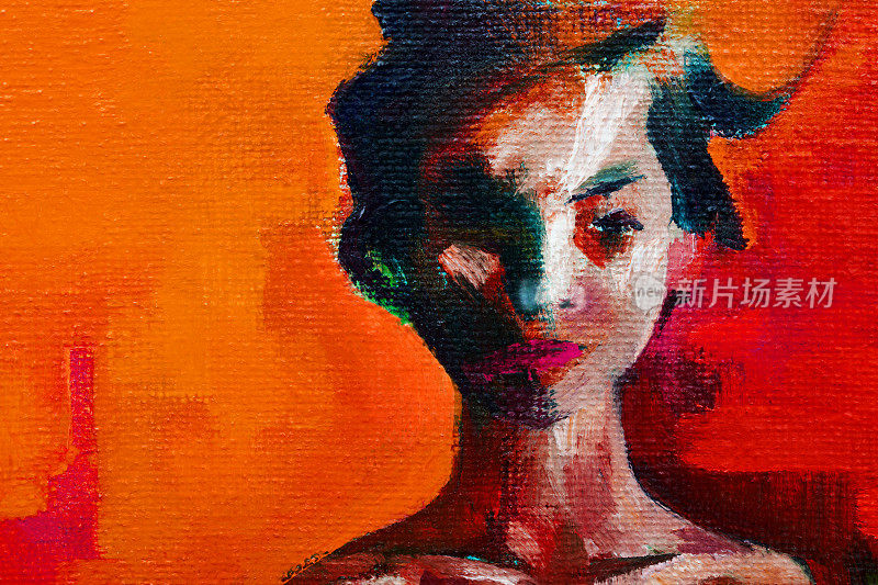 时尚的夏季插图寓言夏季火现代艺术作品油画文化的东方水平肖像幻想女人的长黑发东方风格在一个明亮燃烧的背景在红色调的夕阳