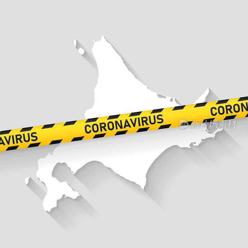 带冠状病毒警告胶带的北海道地图。Covid-19爆发