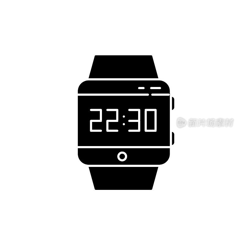 手腕智能手表黑色字形图标。智能手表触摸屏显示。手表。数字时钟。可穿戴设备。健身追踪器。。空白区域的剪影符号。向量孤立的插图