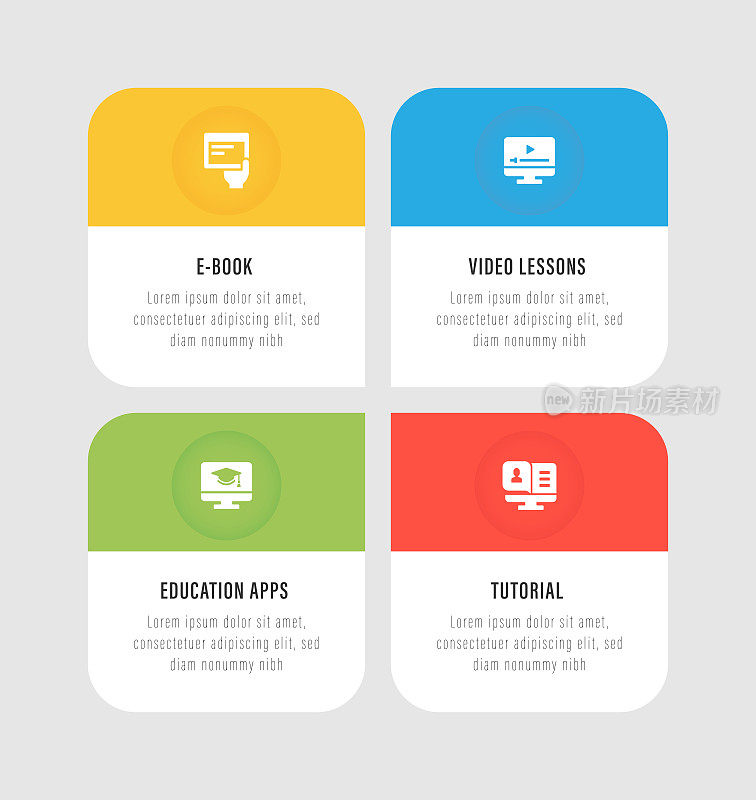 信息图表设计模板。电子书，视频课程，教程，教育应用程序图标与4个选项或步骤。