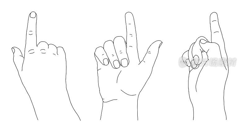 黑色轮廓的人类青年成年人的手举起和举起食指向上。一、柔弱、放松的姿态素描概念矢量插画。食指指向白色背景的孤立设计。