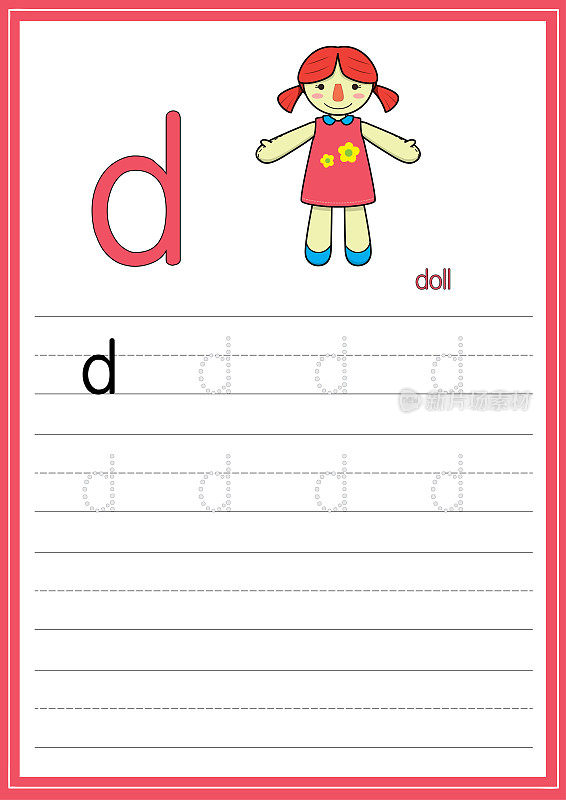 矢量说明娃娃孤立在白色背景。带小写字母D，作为教与学的媒介，供儿童识别英文字母或供儿童学习书写字母用于家庭和学校学习。