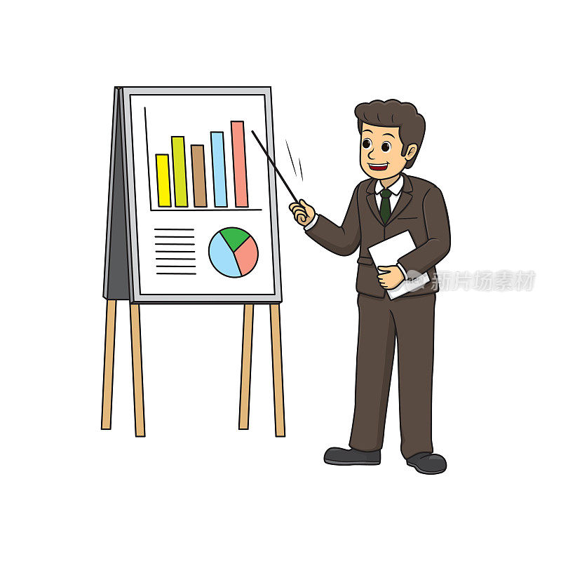 站在白板上解释信息的商人可以在商业交流中使用图像