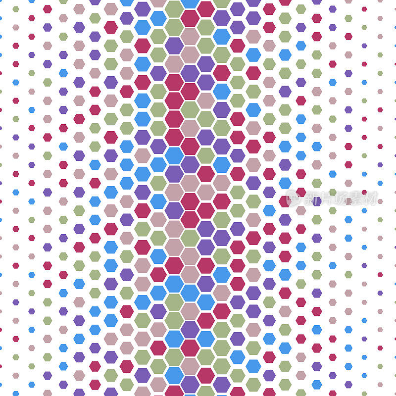 均匀间隔的等边六边形，从五组中随机选取颜色。水平梯度大小。