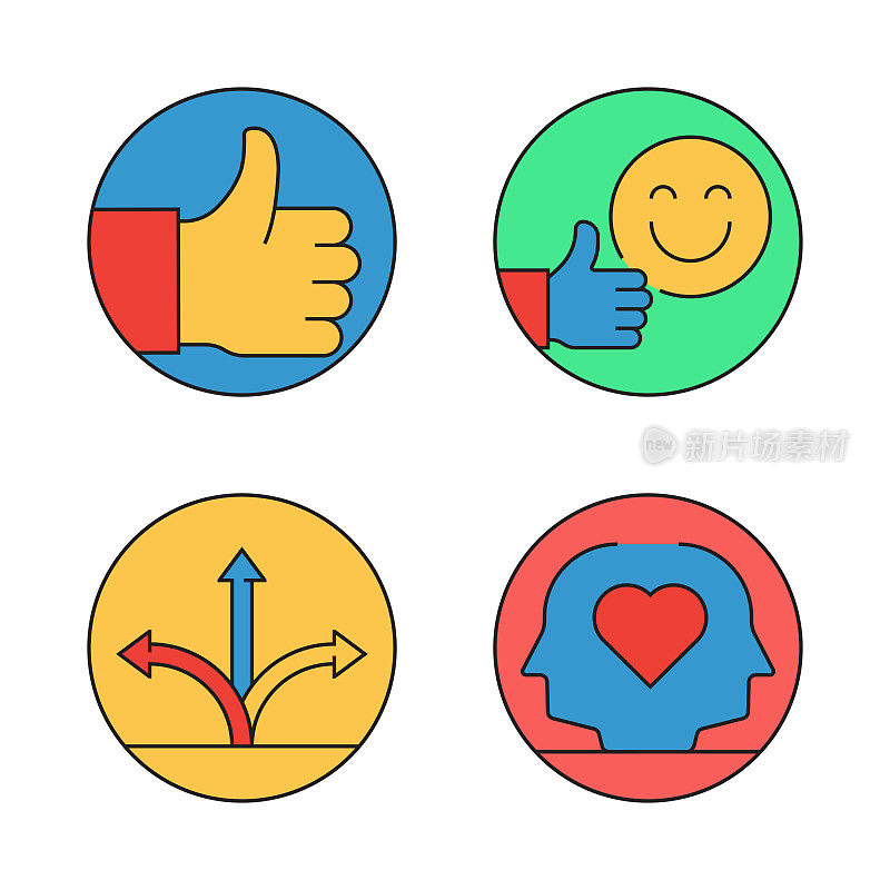 核心价值相关的平面线图标，轮廓向量符号插图。