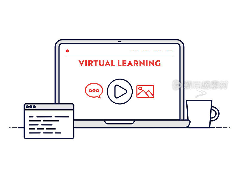 虚拟学习概念线笔记本电脑插图与可编辑的笔画。