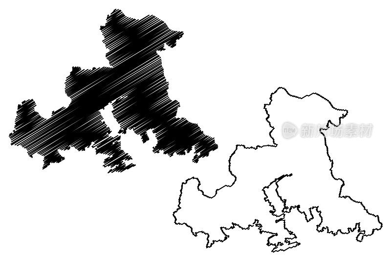 昌原市(韩国，大韩民国，韩国庆尚南道)地图矢量图，手绘昌原市地图