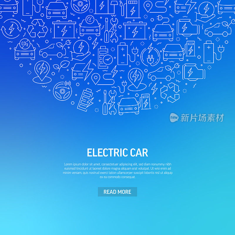 带图案的电动汽车相关横幅设计。现代线条风格图标矢量插图
