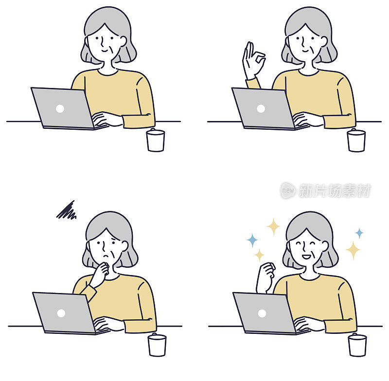 一位年长妇女操作个人电脑的简单插图