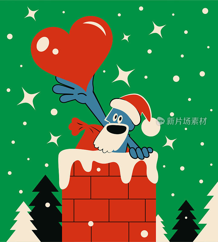 可爱的蓝色圣诞老人与麻袋爬烟囱和显示心形象征