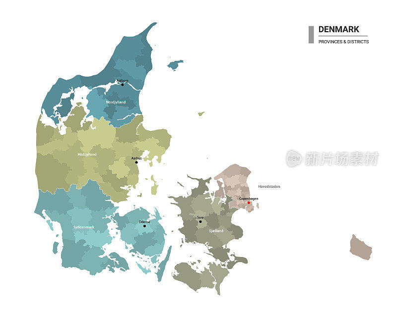 丹麦高详细地图与细分。丹麦的行政地图，有地区和城市的名称，颜色由州和行政区域。矢量插图。