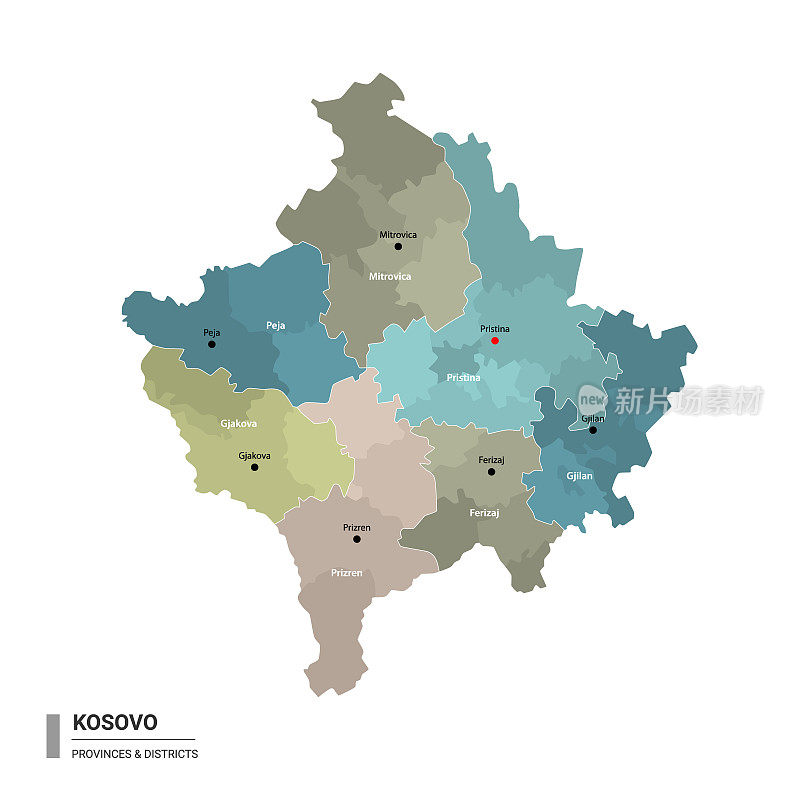 科索沃高详细地图与分区。科索沃的行政地图，有地区和城市的名称，颜色由州和行政区域。矢量插图。