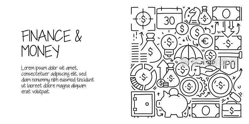 货币和金融相关的网站横幅线条风格。现代线性设计矢量插图的网站横幅，网站标题等。