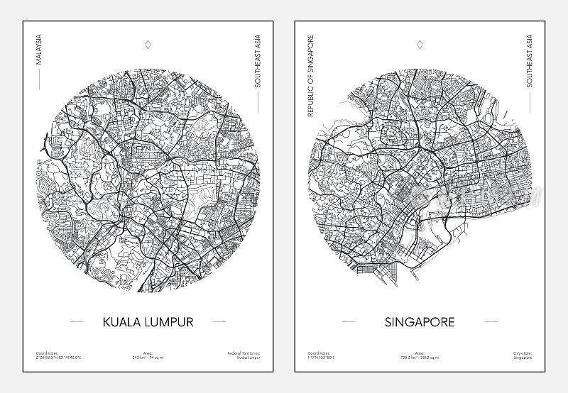 旅游海报，城市街道规划城市地图吉隆坡和新加坡，矢量插图