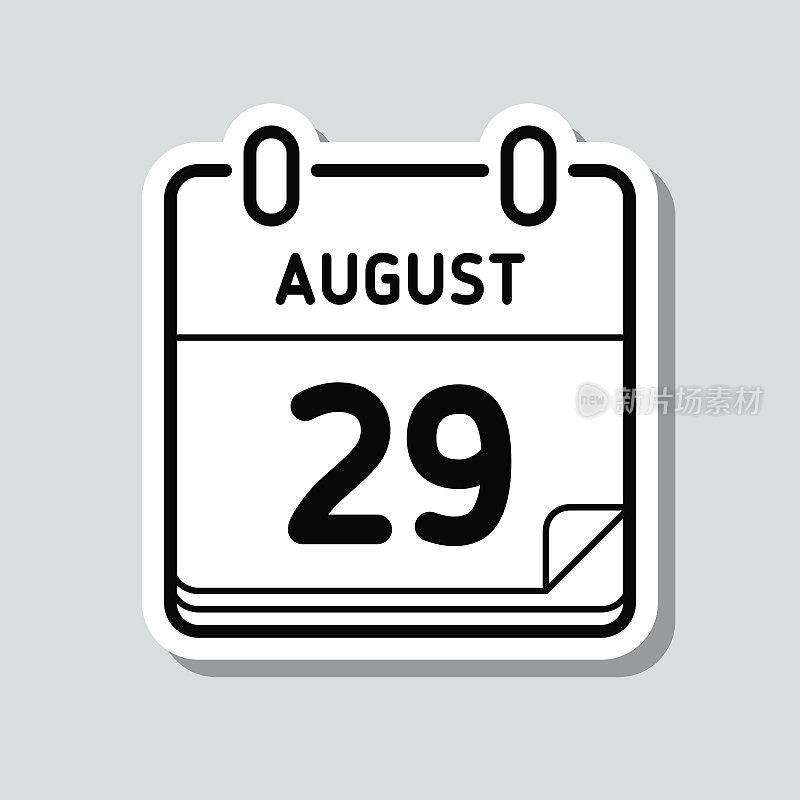 8月29日。灰色背景上的图标贴纸