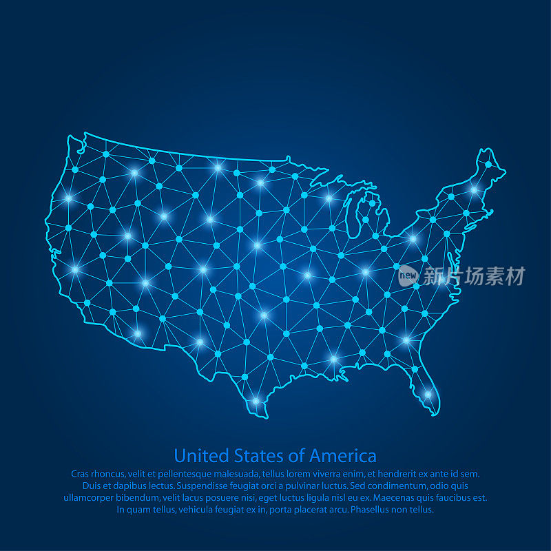 由线条、亮点和多边形构成的美国抽象地图，以星空、空间和行星的形式呈现。有星星、宇宙和连线的美利坚合众国地图。