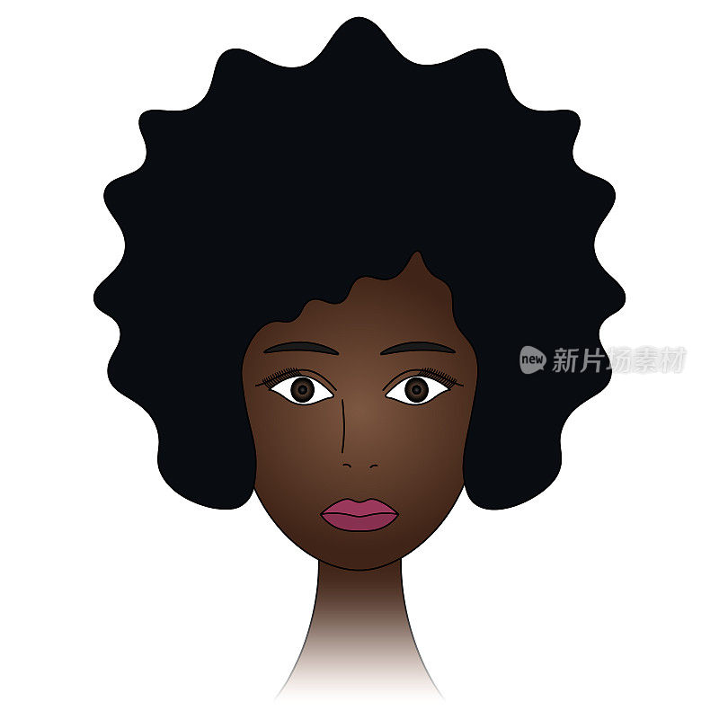 创建的脸。非裔美国妇女。一个棕色眼睛的女孩的头。彩色矢量插图。浓密的非洲发型。饱满的嘴唇，涂上口红。孤立的白色背景。