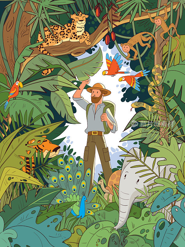 在印度丛林中，一位探险家站在隐藏的动物中间