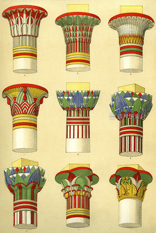 埃及装饰:柱子的大写字母，展示了荷花和莎草的各种应用，xxxl有很多细节