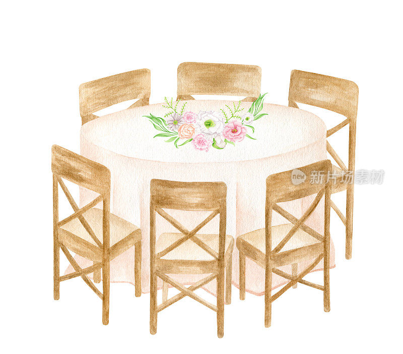 水彩婚宴餐桌装饰花卉插花。一张铺着帘子的桌子周围摆着六把木椅