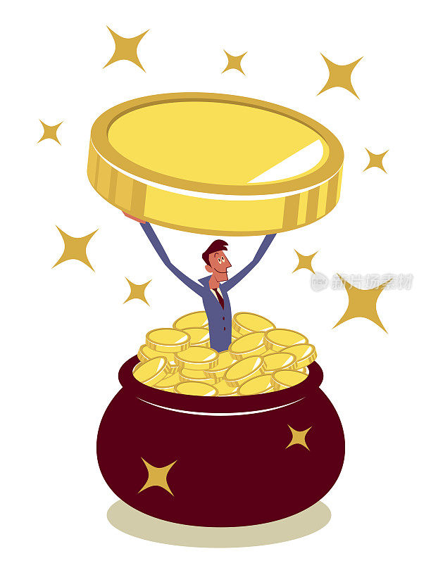 一个快乐的商人跳进一个装满钱的罐子里，拿出一枚大金币
