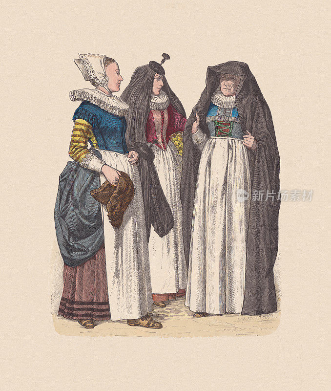 17世纪，德国服饰，手工着色木刻，大约出版于1880年