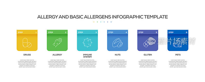 过敏和基本过敏原相关过程信息图表模板。过程时间图。带有线性图标的工作流布局
