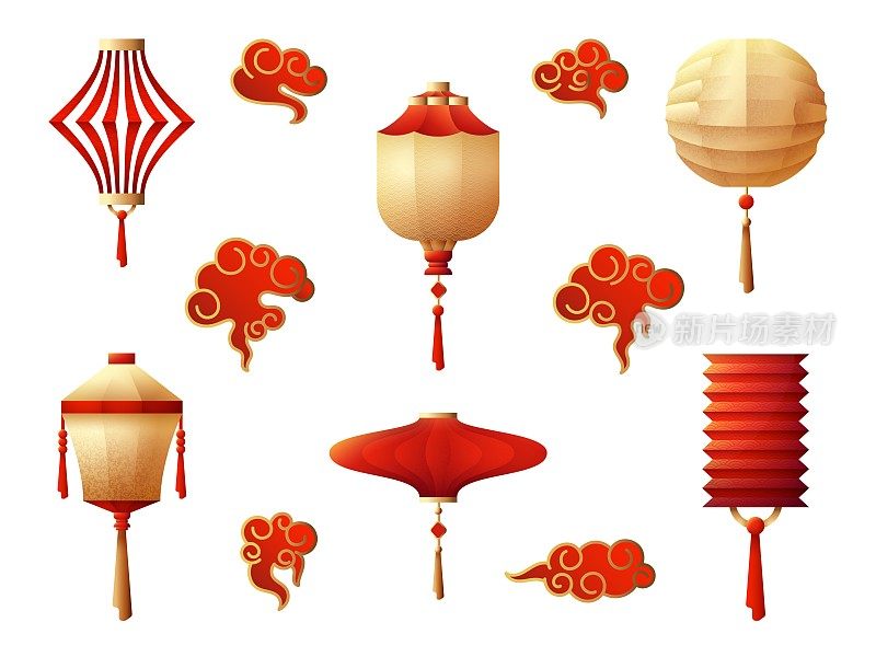 中国的灯笼。挂灯笼，红金夜灯。节日传统的亚洲符号，日本韩国灯和云朵时髦的向量集