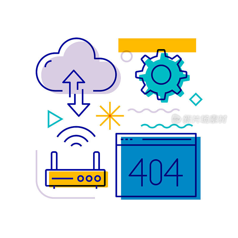 云计算相关设计元素。带有轮廓图标的图案设计。色彩斑斓的矢量图
