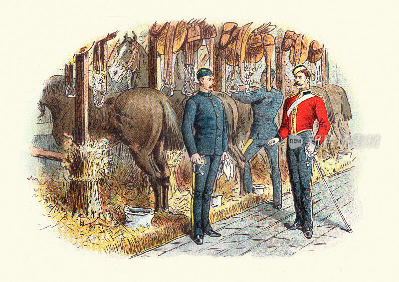 19世纪维多利亚时期的英国军队，军官在骑兵马厩中检阅士兵