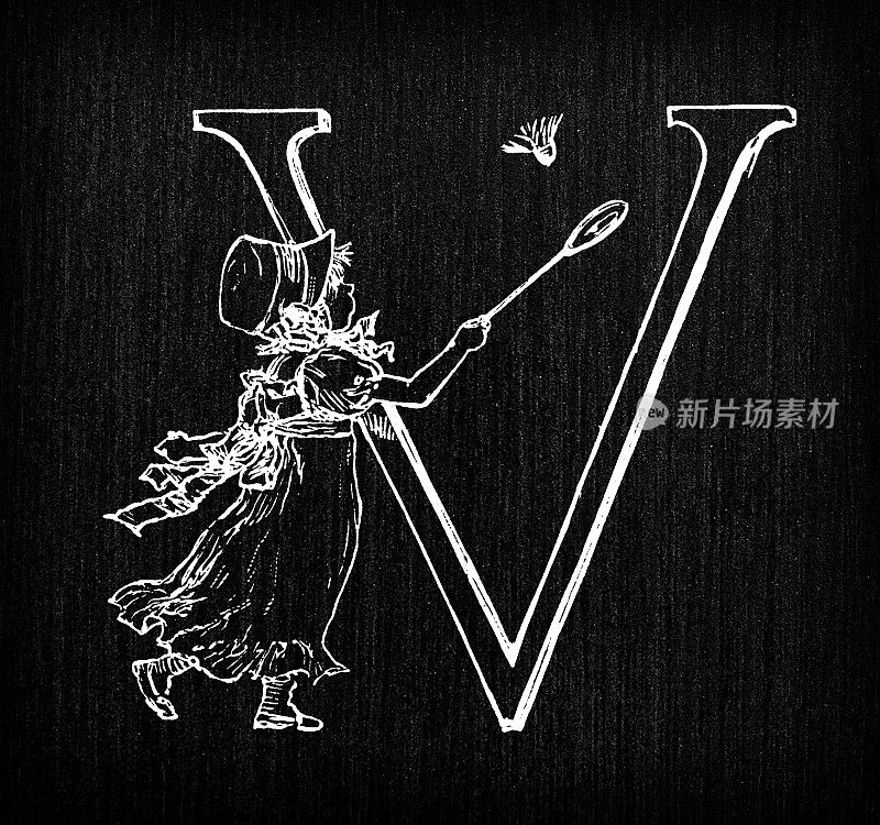 古董儿童拼写书插图:字母V